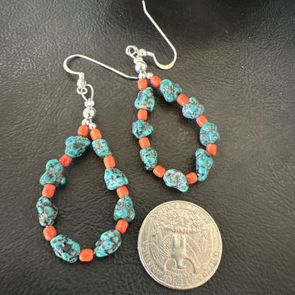 Blue Kingman Nugget Turquoise Coral Navajo Sterling Silver Earrings 2” 18836