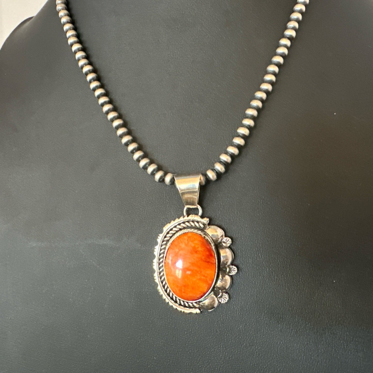Yazzie Orange Spiny Oyster Pendant Navajo Sterling Silver Necklace 19490