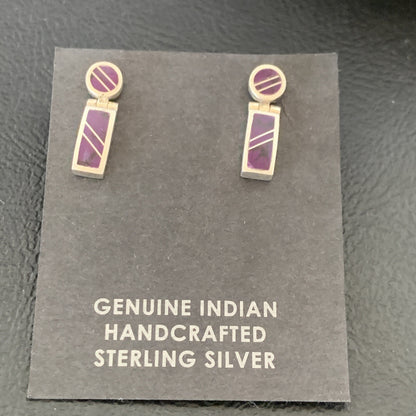Native Purple Stone Navajo Sterling Silver Dangle Inlay Earrings 0.6" 12682