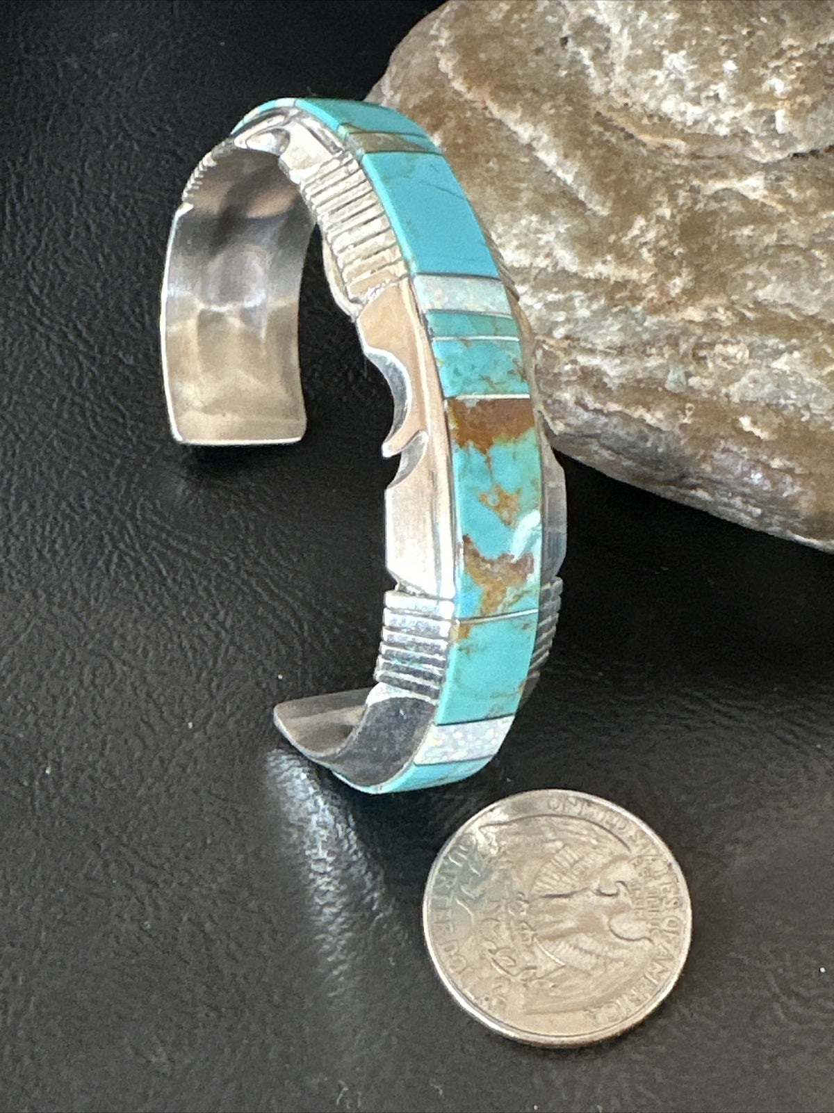 Blue Turquoise Opal Navajo Sterling Silver Cuff Inlay Bracelet 17957