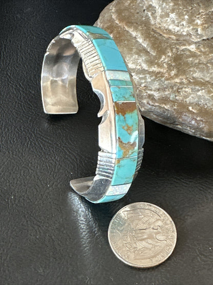 Blue Turquoise Opal Navajo Sterling Silver Cuff Inlay Bracelet 17957