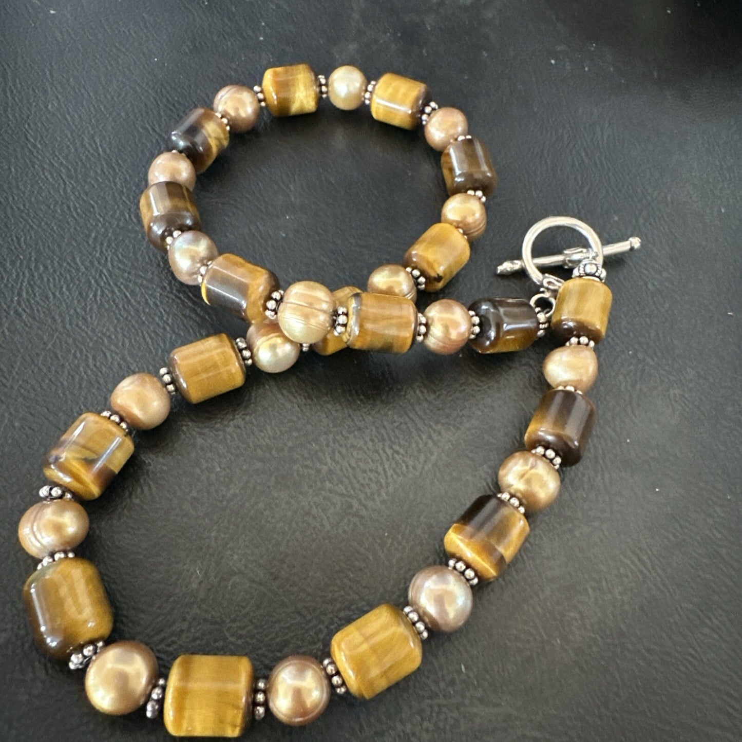 Coffee Tigers Eye Culture Pearl Sterling Silver Necklace Wrap Bracelet 17” 18737