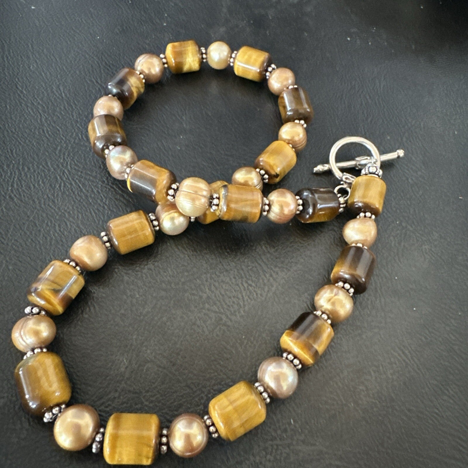 Coffee Tigers Eye Culture Pearl Sterling Silver Necklace Wrap Bracelet 17” 18737