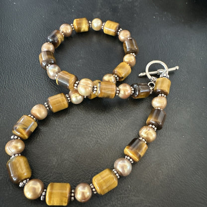 Coffee Tigers Eye Culture Pearl Sterling Silver Necklace Wrap Bracelet 17” 18737
