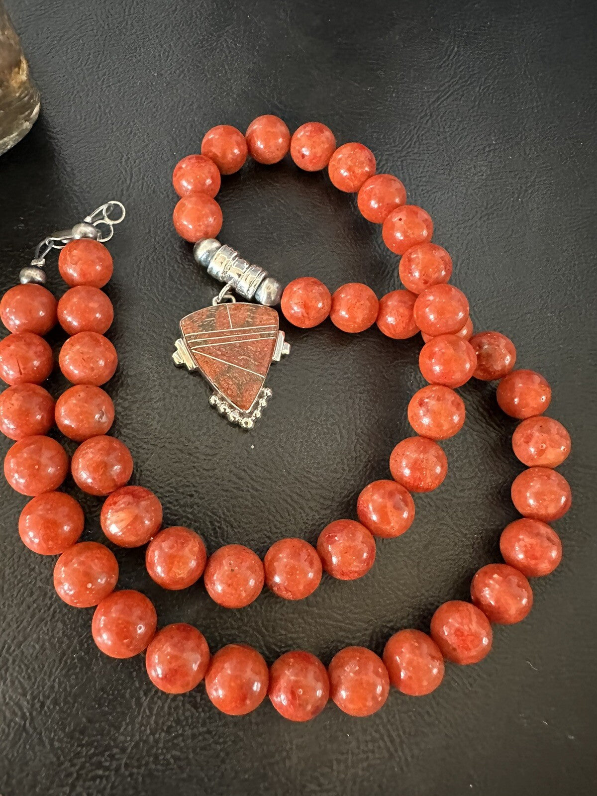 Navajo Apple Sponge Coral Sterling Silver Necklace Pendant 18328