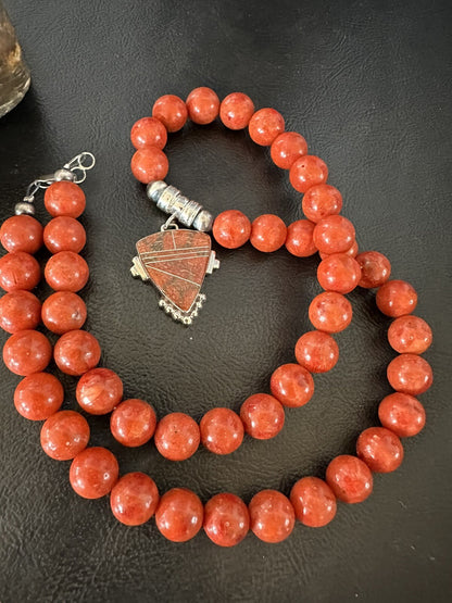 Navajo Apple Sponge Coral Sterling Silver Necklace Pendant 18328