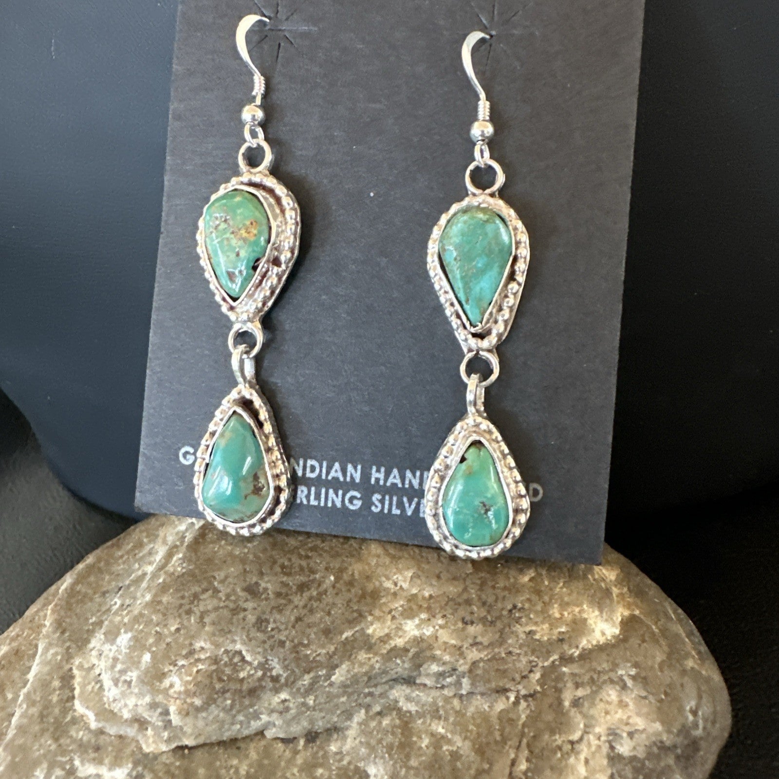 Green Royston Turquoise Navajo Sterling Silver Dangle Earrings 19404