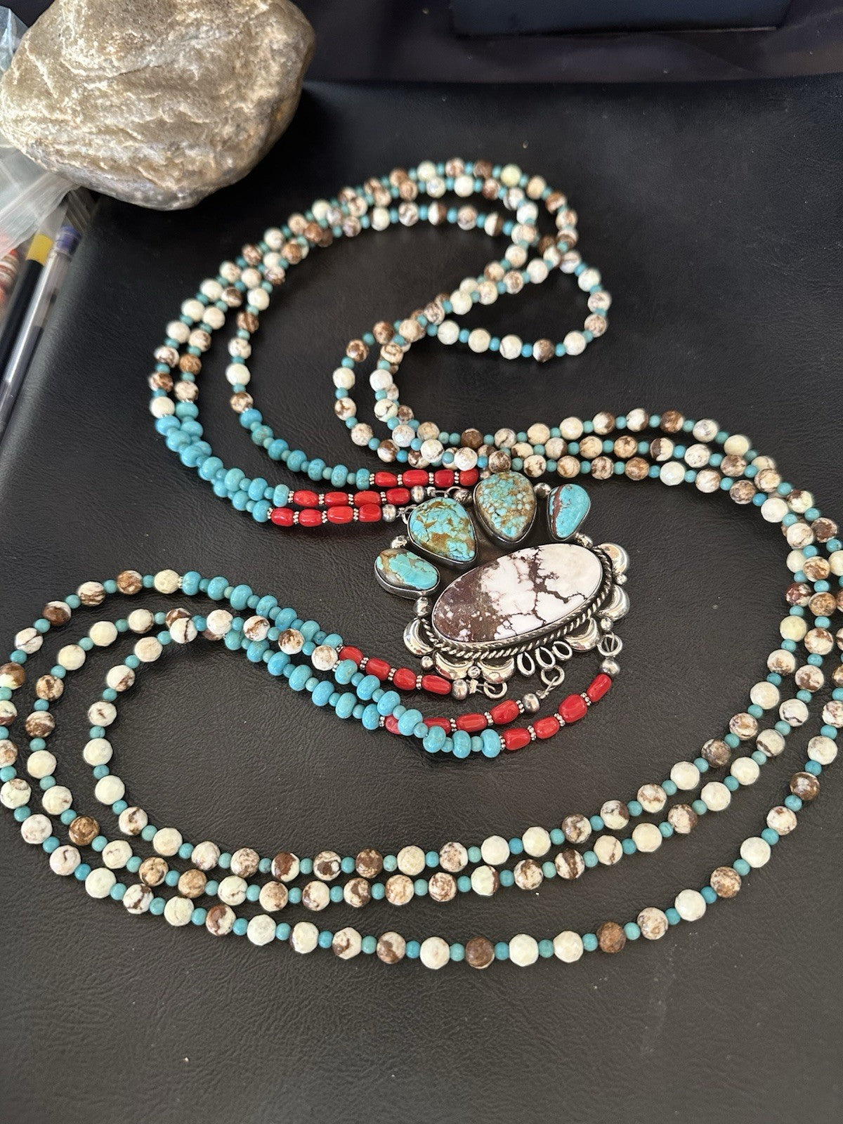 XL Statement Wild Horse Turquoise#8 Navajo 3S Sterling Silver Necklace 34” 19674