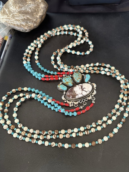 XL Statement Wild Horse Turquoise#8 Navajo 3S Sterling Silver Necklace 34” 19674