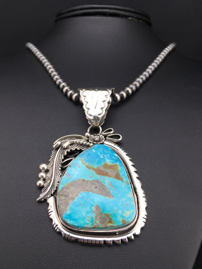 Kingman Turquoise Pendant Navajo Pearls Sterling Silver Necklace 04819