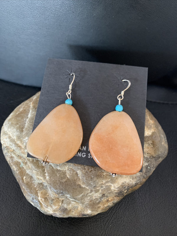 Women's Navajo Tan Jasper Blue Turquoise Earrings 2" | Sterling Silver | Authentic Native American Handmade | 13101