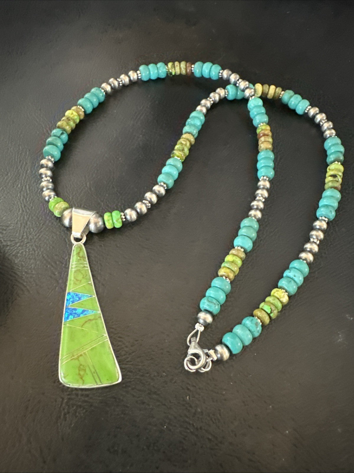 Blue Green Turquoise  Gaspeite Pendant Navajo Sterling Silver Necklace 19665