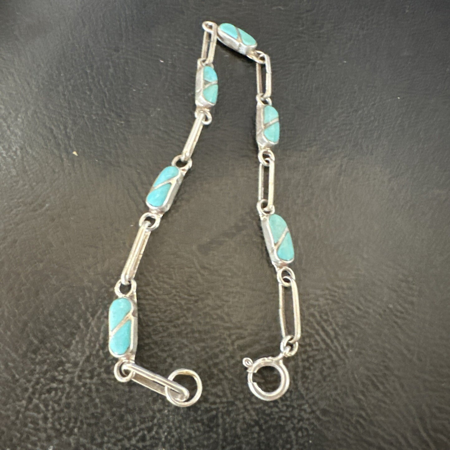 Blue Turquoise Navajo Old Pawn Sterling Silver Inlay Bracelet 7.5” 18152