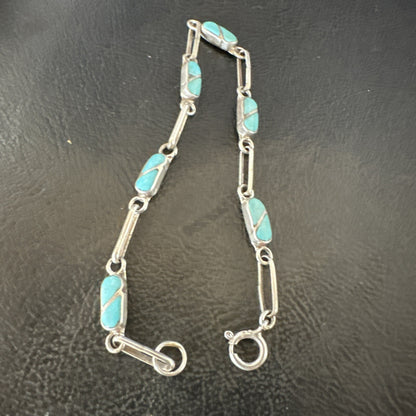 Blue Turquoise Navajo Old Pawn Sterling Silver Inlay Bracelet 7.5” 18152