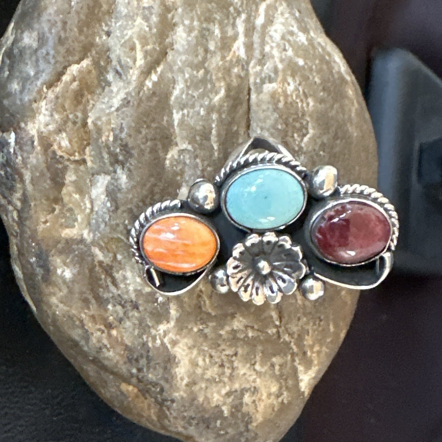 Multicolor Ring Turquoise Spiny Navajo Sterling Silver Cluster Size 8 19165