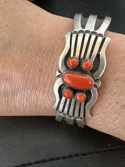 Mens Womens Red Coral Navajo Sterling Silver Cluster Cuff Bracelet 7" 19697