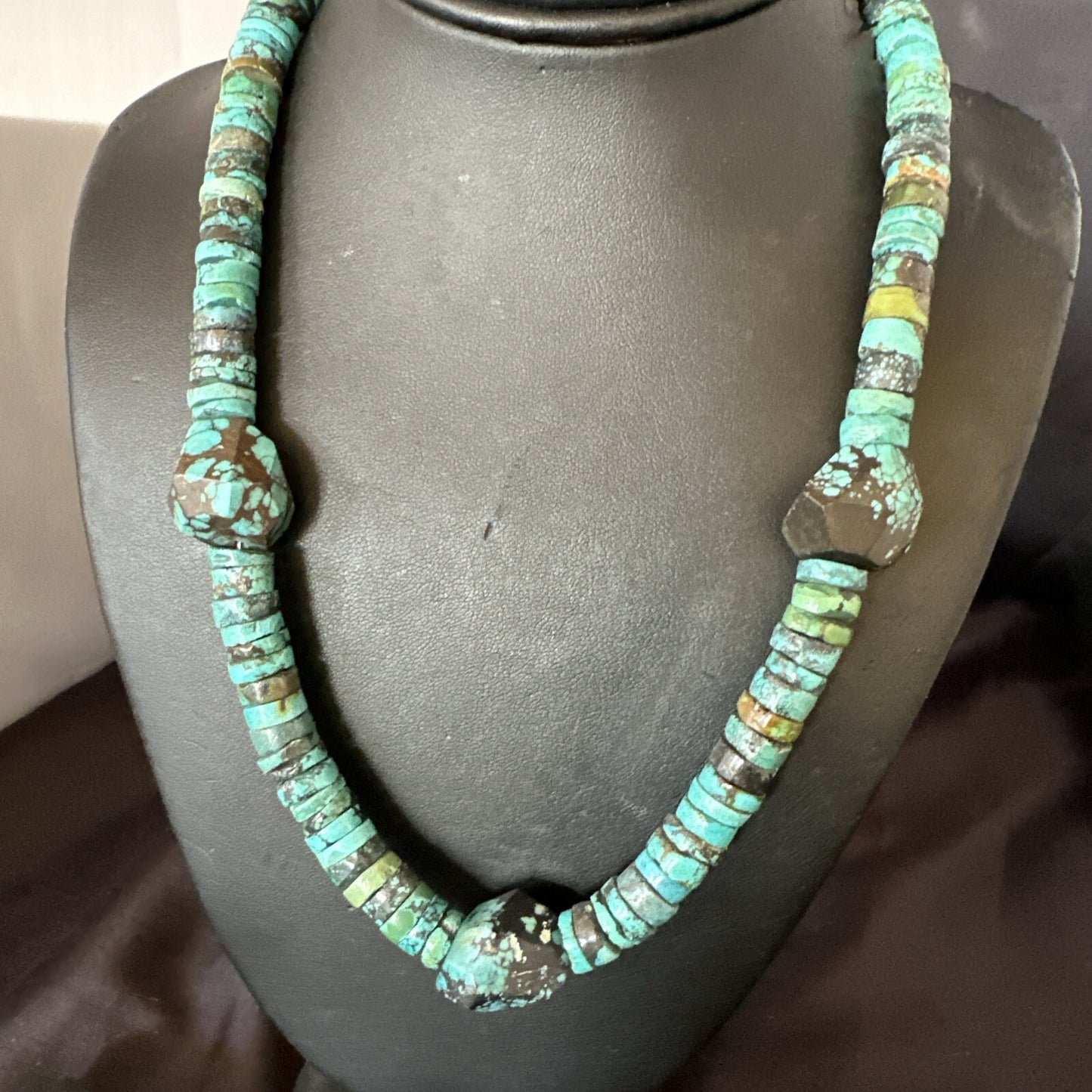 Native Turquoise Nugget Heishi Bead Navajo Sterling Silver Necklace 17745