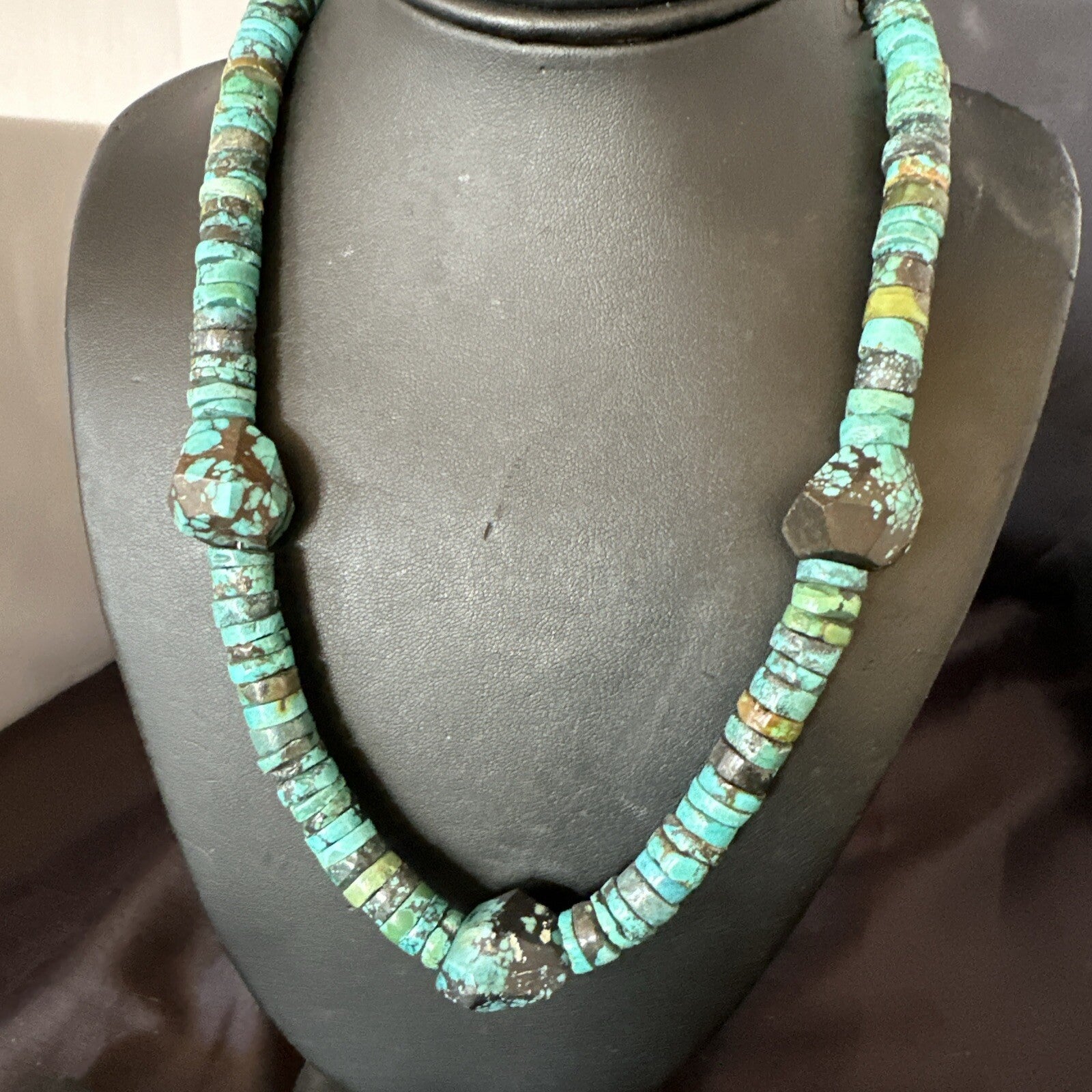 Native Turquoise Nugget Heishi Bead Navajo Sterling Silver Necklace 17745