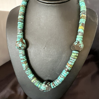 Native Turquoise Nugget Heishi Bead Navajo Sterling Silver Necklace 17745