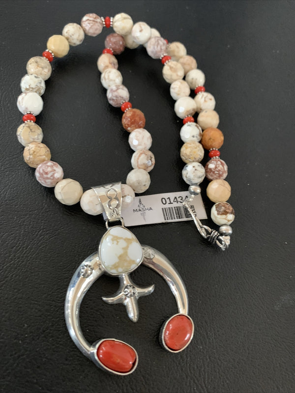 White Buffalo Turquoise Coral Naja Pendant Navajo Necklace | Sterling Silver | Authentic Native American Handmade | 01434