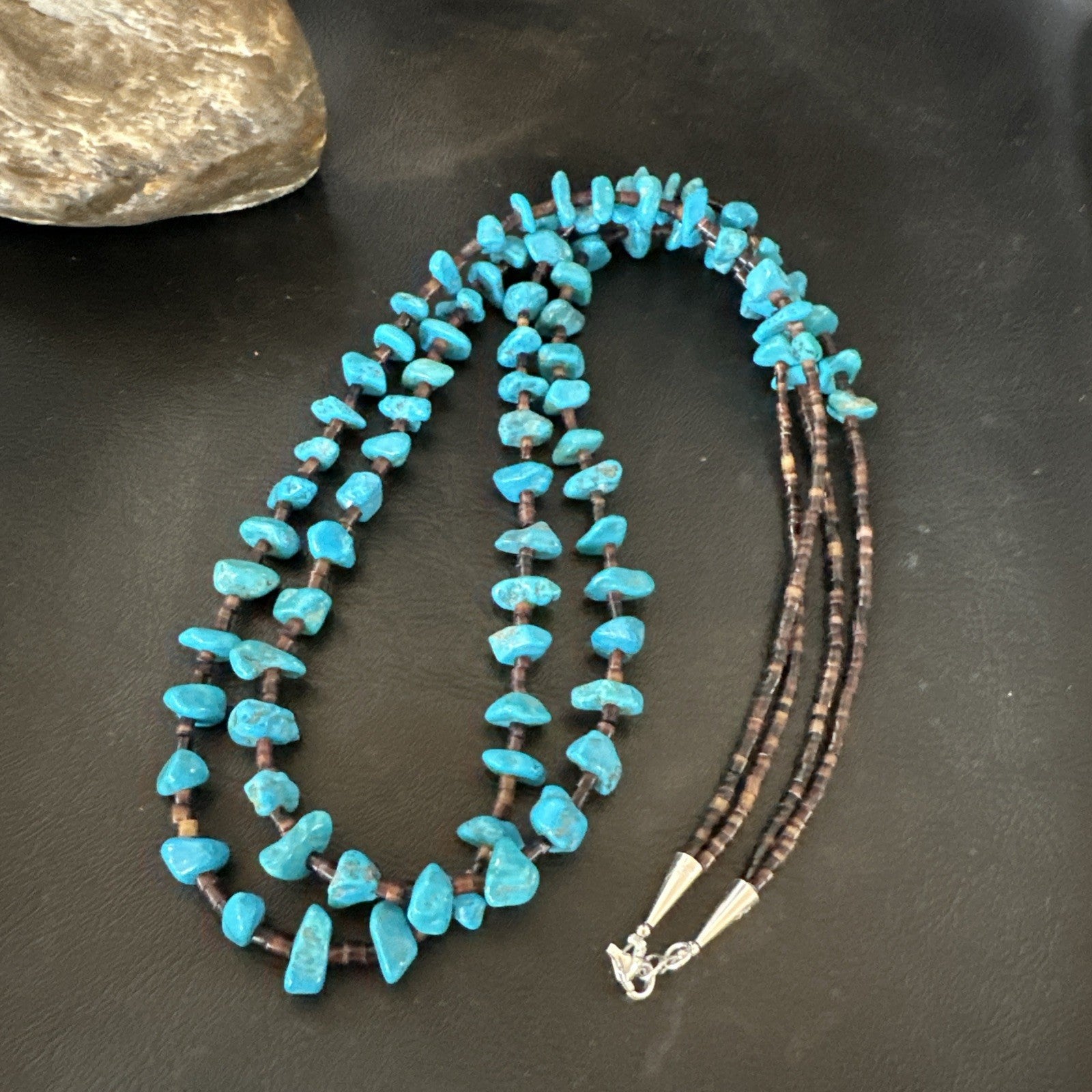 Santo Domingo Kingman Turquoise Heishi Sterling Silver Bead 30” Necklace 19553