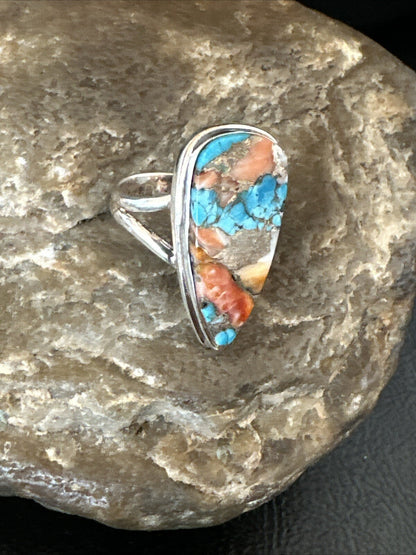 Blue Turquoise Orange Spiny Oyster Navajo Sterling Silver Ring Size 6 18211