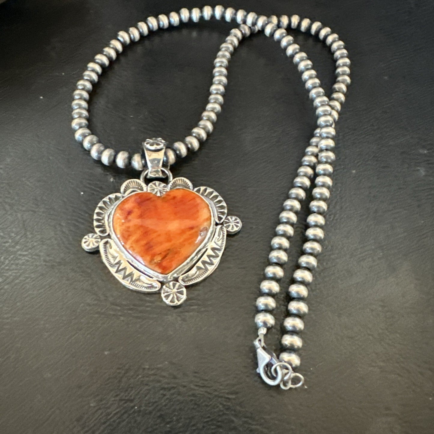 H Joe Orange Spiny Oyster Heart Pendant Navajo Sterling Silver Necklace 19482