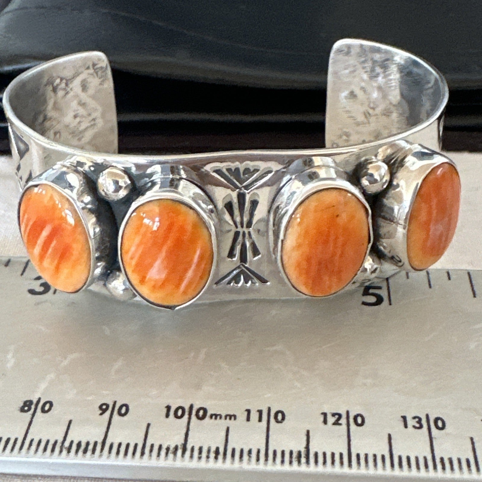 Orange Spiny Oyster 4 Stone Row Sterling Silver Navajo Cuff Bracelet 7.7" 19476