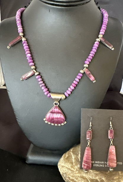 Purple Stone Spiny Oyster Sterling Silver Necklace Earrings 20” 19088 J B
