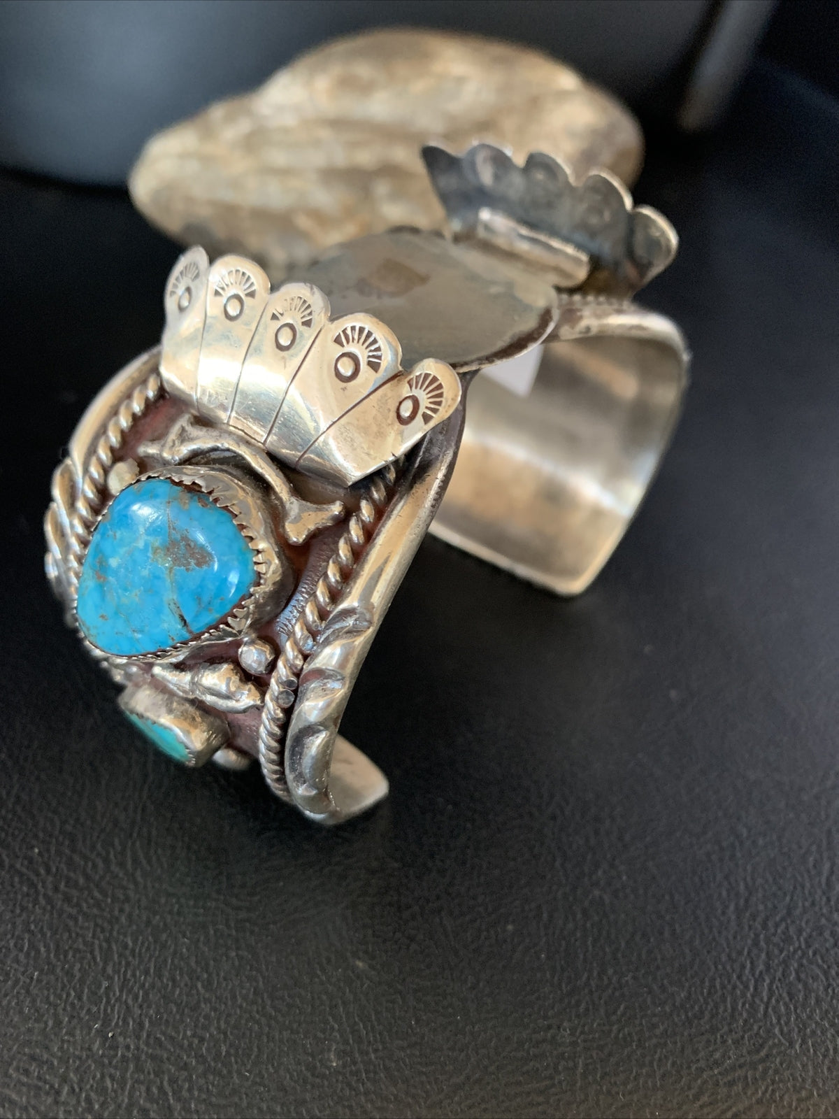 Mens Watch Navajo Sterling Silver Blue Kingman Turquoise Cuff Bracelet 01635