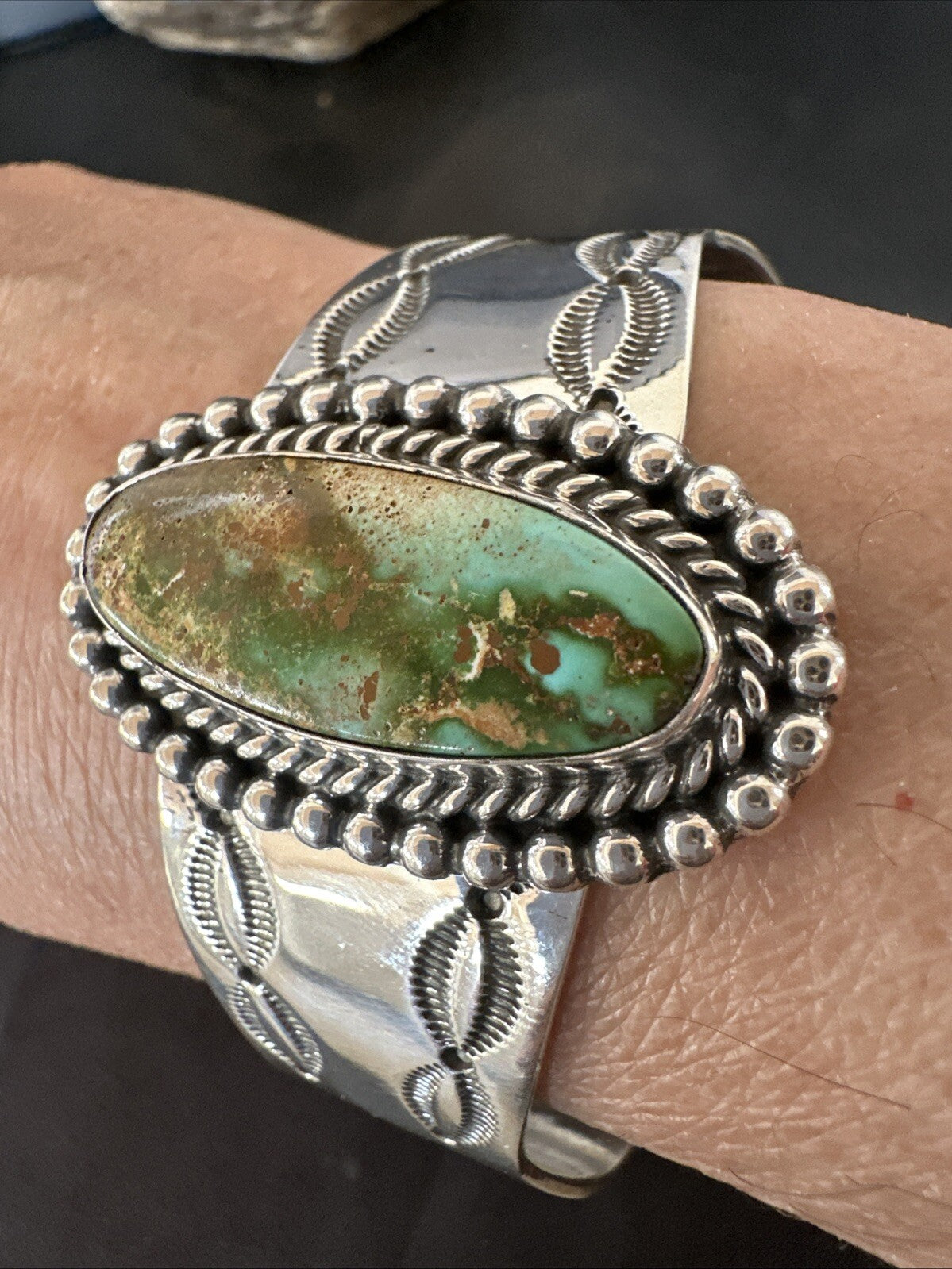 Navajo Green Royston TURQUOISE Stamped Sterling Silver Cuff Bracelet 18642