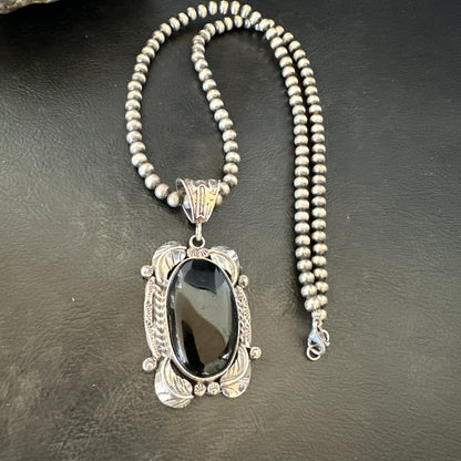 Mens Womens Black Onyx Pendant Navajo Sterling Silver Beads Necklace 18298