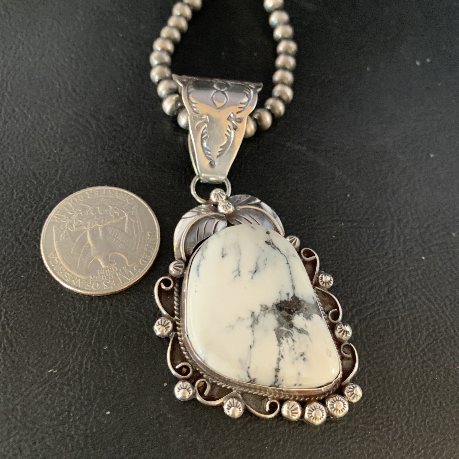 White Buffalo Turquoise Pendant Necklace Sterling Silver Navajo 13993