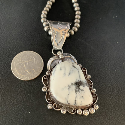 White Buffalo Turquoise Pendant Necklace Sterling Silver Navajo 13993