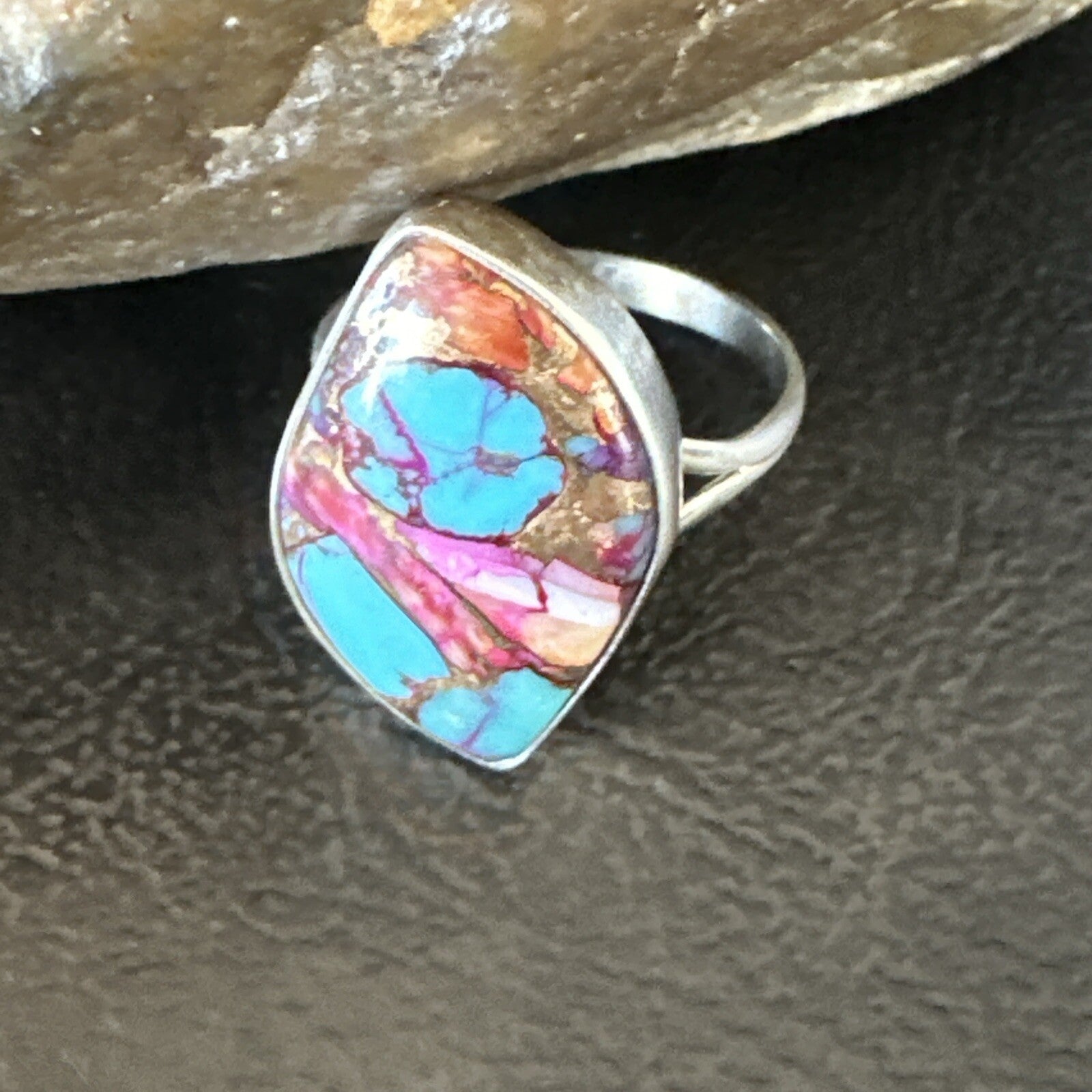 Blue Turquoise Spiny Oyster Navajo Sterling Silver Ring Size 7.5 18235