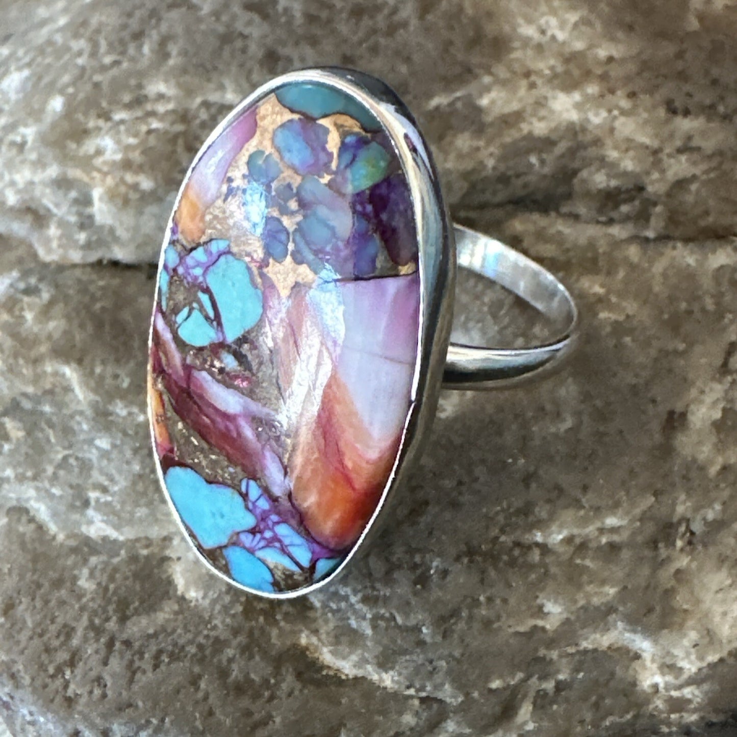 Blue Turquoise Spiny Oyster Southwestern Sterling Silver Ring Size 8 18428