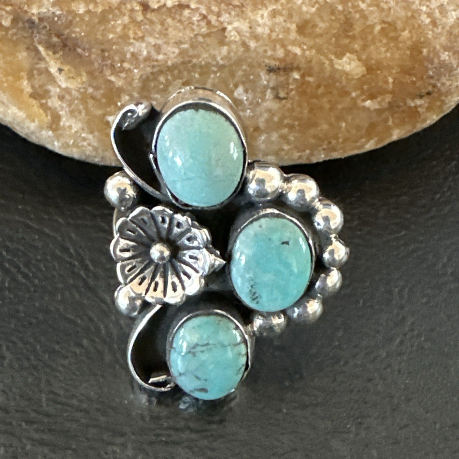 Yazzie Ring Blue Turquoise Navajo Sterling Silver Cluster Size 9 19217