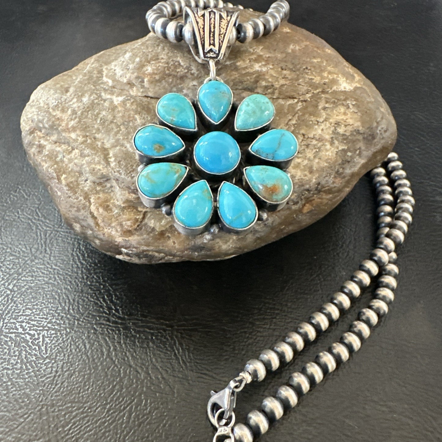 Blue Turquoise Navajo Sterling Silver Cluster Round Pendant Necklace 2”19316