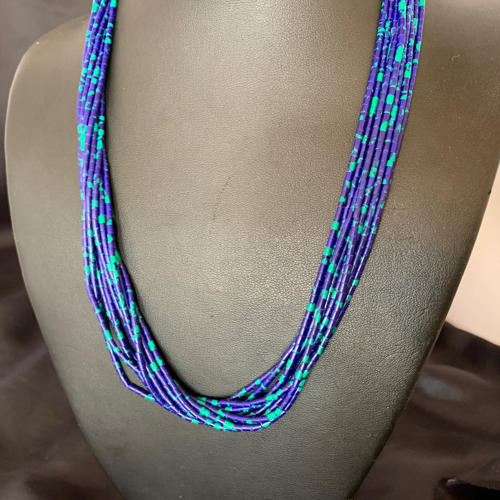 Blue Green Azurite Heishi 10Strand Stabilized Sterling Silver Necklace 20” 10349