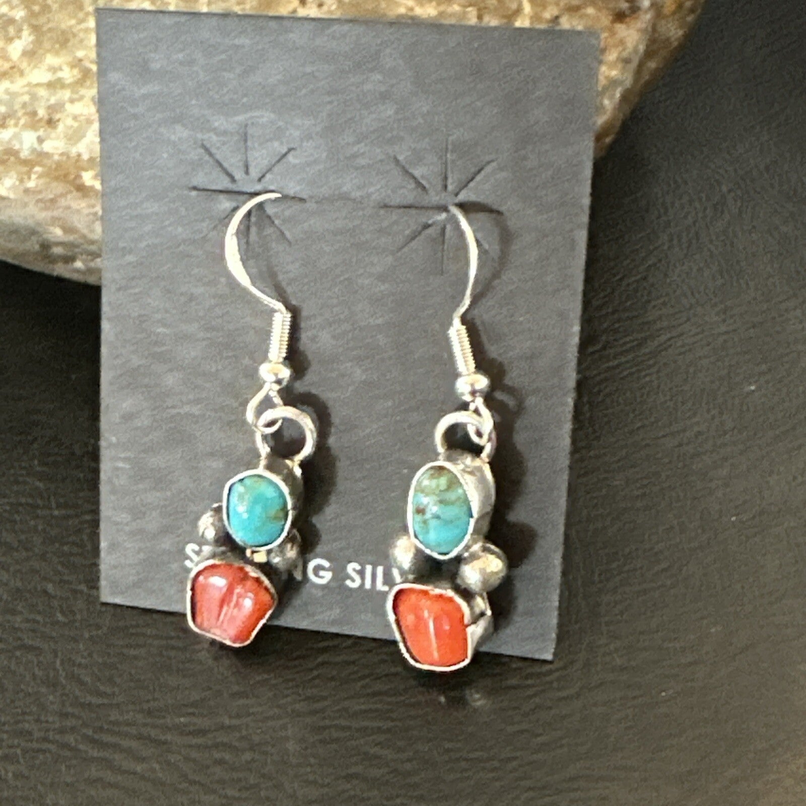 Handmade Blue Turquoise Red Coral Sterling Silver Navajo Dangle Earrings 18840
