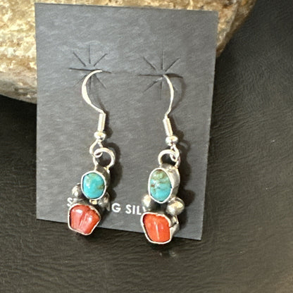 Handmade Blue Turquoise Red Coral Sterling Silver Navajo Dangle Earrings 18840
