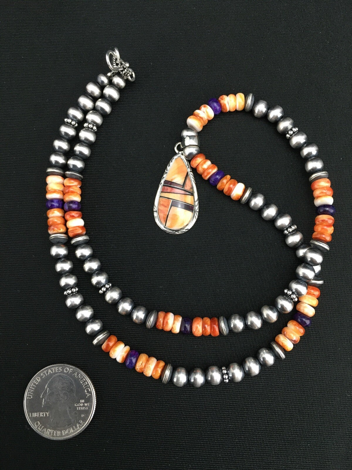 Spiny Oyster Pendant Purple Stone Navajo Pearls Sterling Silver Necklace 4879