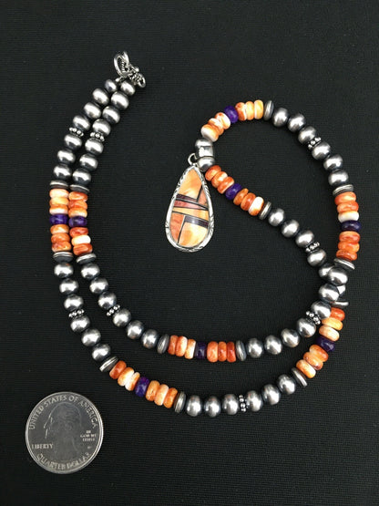 Spiny Oyster Pendant Purple Stone Navajo Pearls Sterling Silver Necklace 4879