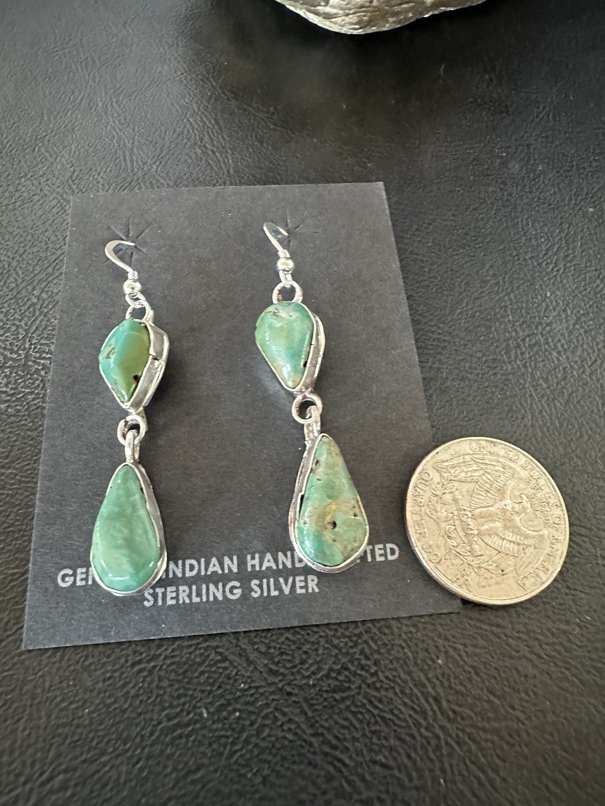Green Royston Turquoise Navajo Sterling Silver Dangle Earrings 19380