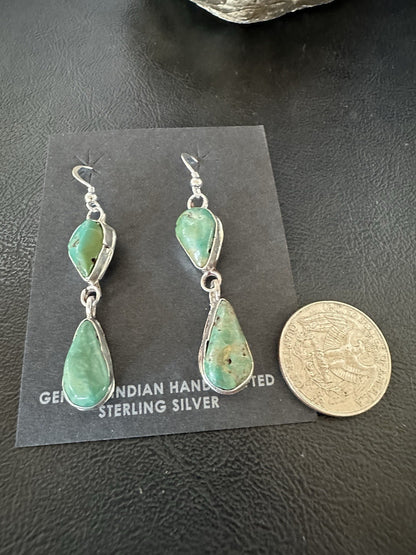 Green Royston Turquoise Navajo Sterling Silver Dangle Earrings 19380