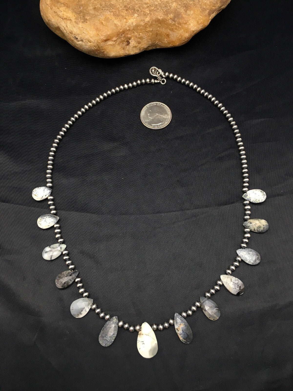 Black Rutile & Opal Pear Shaped Navajo Pearls Sterling Silver Necklace 04091
