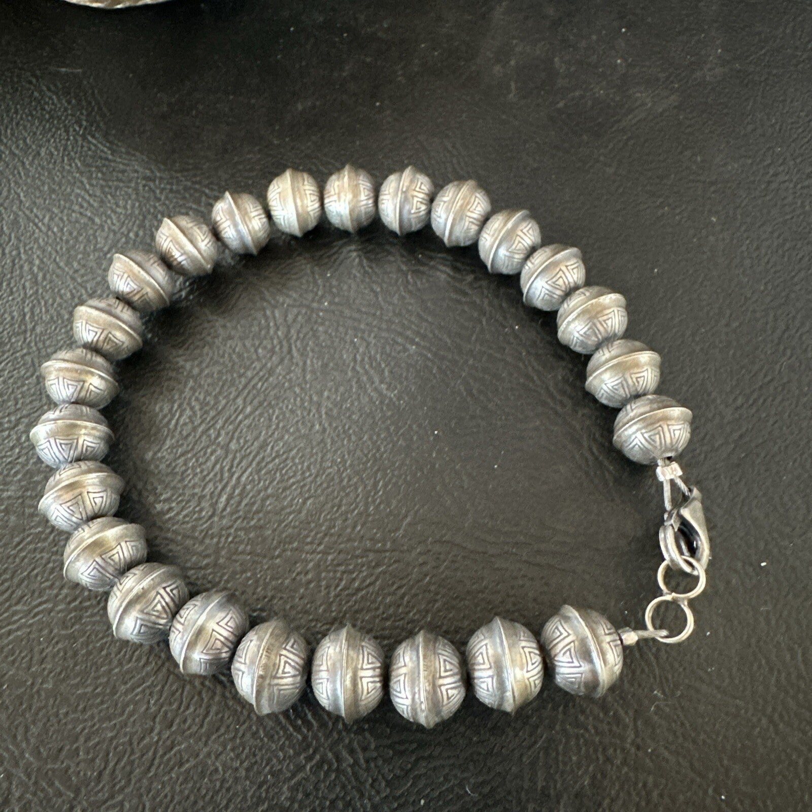 Handmade Stamped Navajo Pearls 8mm Beads 7” Sterling Silver Bracelet 90905