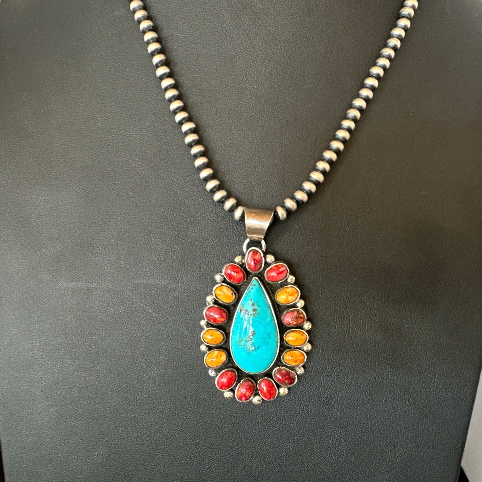Multicolor Turquoise Spiny Navajo Sterling Silver Cluster Pendant Necklace 19560