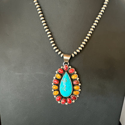 Multicolor Turquoise Spiny Navajo Sterling Silver Cluster Pendant Necklace 19560
