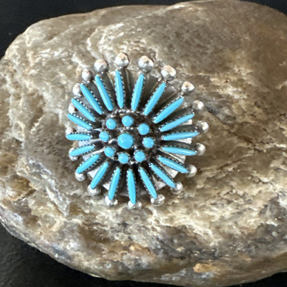 Blue Turquoise Zuni Sterling Silver Needle Point Cluster Ring Size 8 17843